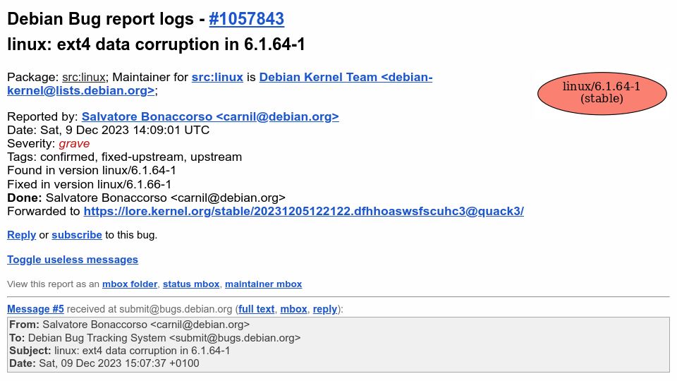 Screenshot of bugs.debian.org: Linux: Ext4 data corruption in 6.1.64-1