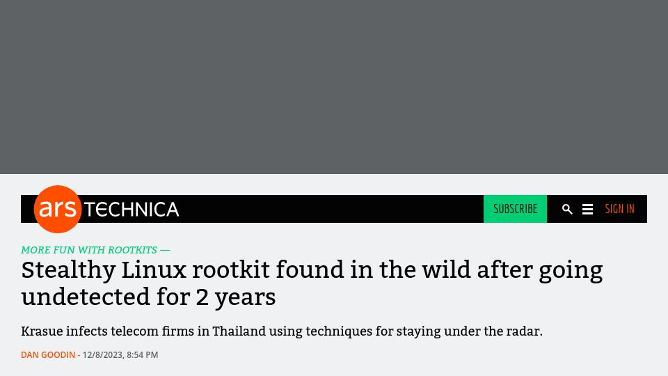Screenshot of arstechnica.com: Stealthy Linux rootkit found in the wild after going undetected for 2 years