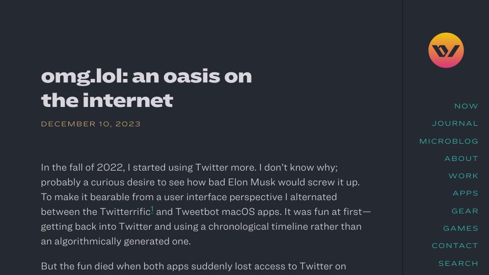 Screenshot of blakewatson.com: Omg.lol: An Oasis on the Internet