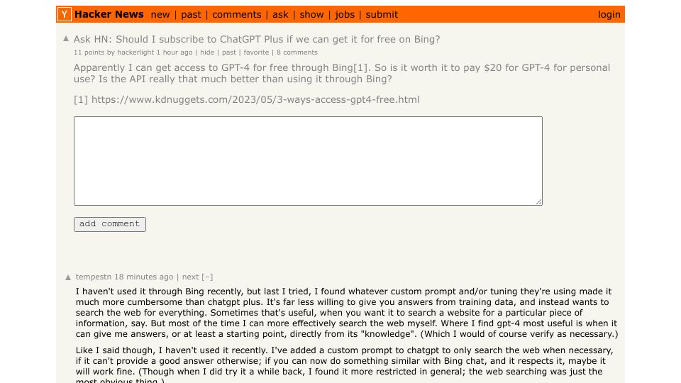 Screenshot of Hacker News post: Ask HN: Should I subscribe to ChatGPT Plus if we can get it for free on Bing?