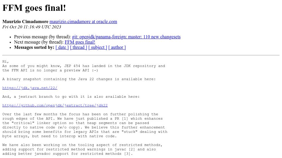 Screenshot of mail.openjdk.org: FFM (Foreign Function and Memory API) Goes Final