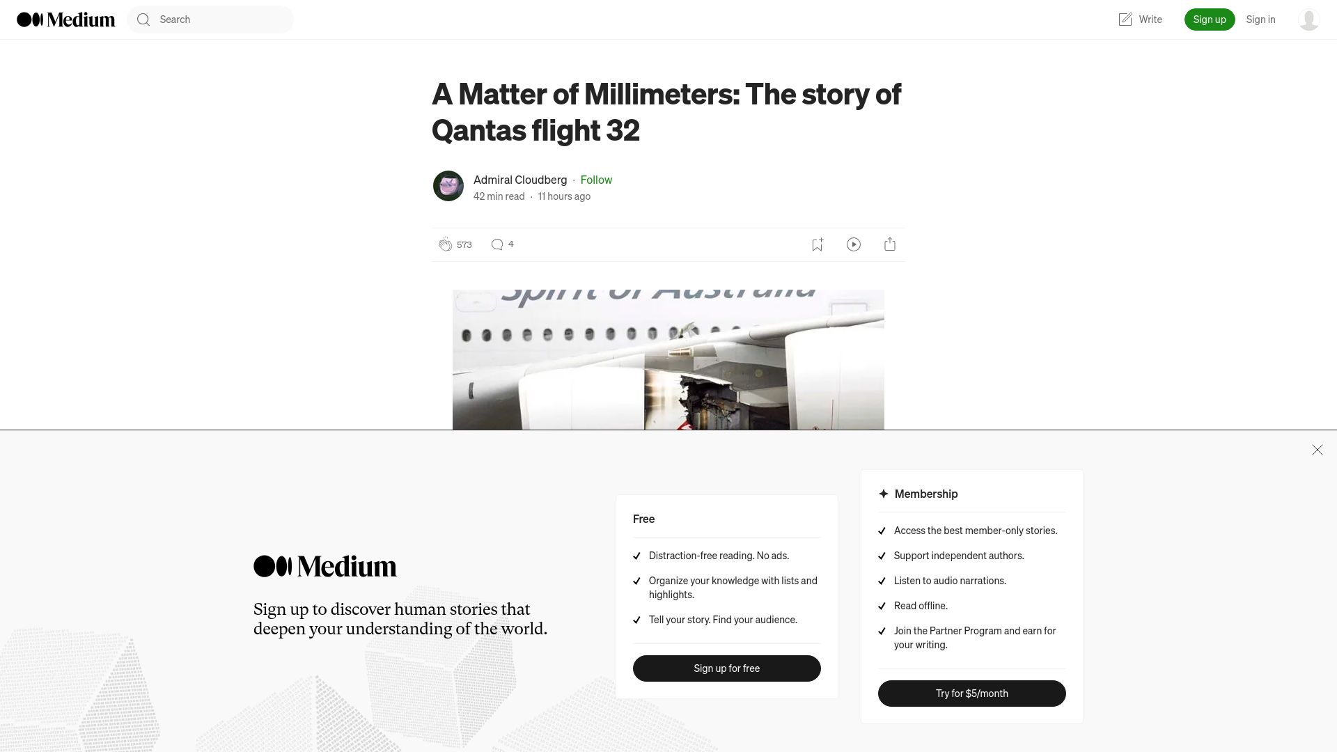 Screenshot of admiralcloudberg.medium.com: A Matter of Millimeters: The story of Qantas flight 32