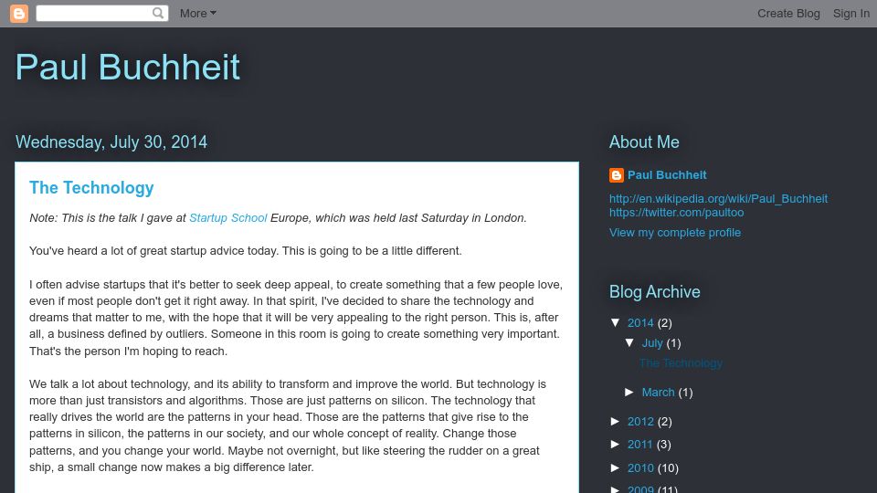 Screenshot of paulbuchheit.blogspot.com: The Technology (2014)