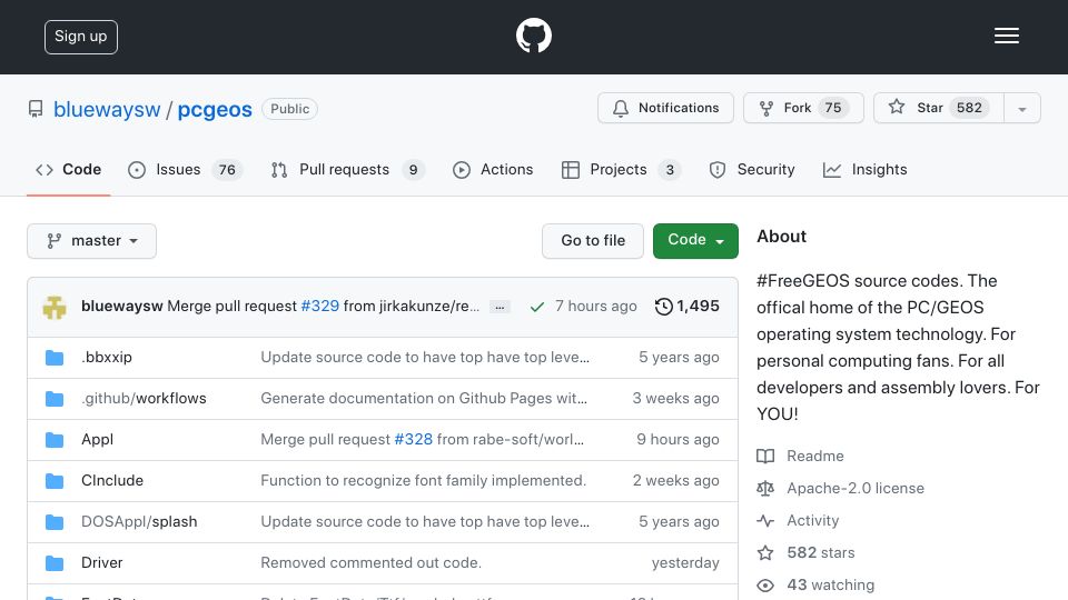 Screenshot of github.com: PC GEOS: the multitasking DOS-based GUI OS that evolved from a C64 desktop