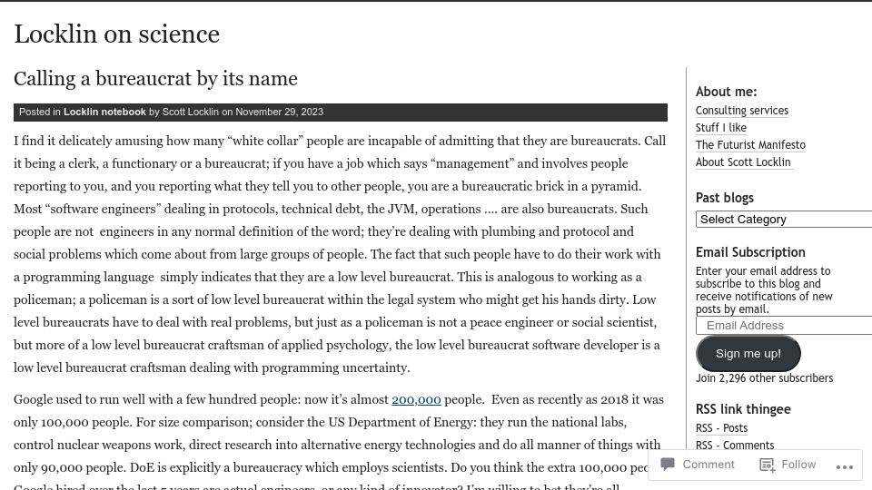 Screenshot of scottlocklin.wordpress.com: Calling a bureaucrat by its name