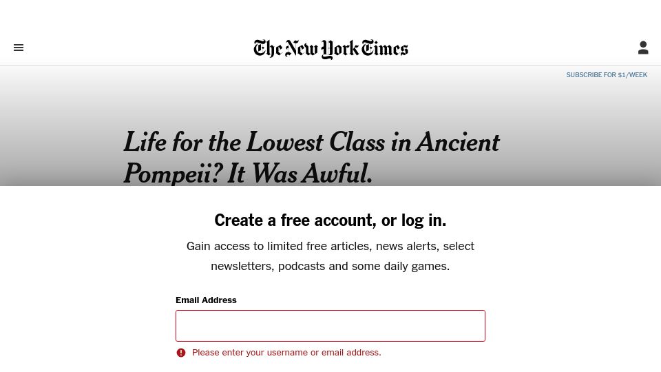 Screenshot of nytimes.com: Life for the Lowest Class in Ancient Pompeii? It Was Awful
