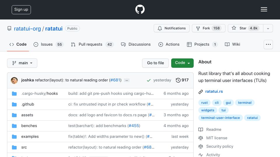 Screenshot of github.com: Ratatui
