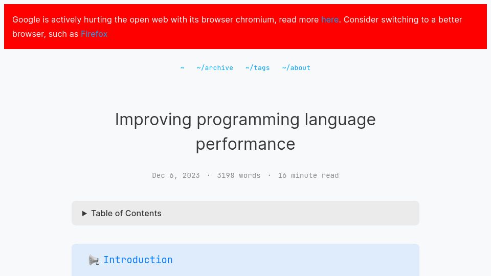 Screenshot of xnacly.me: Improving programming language performance