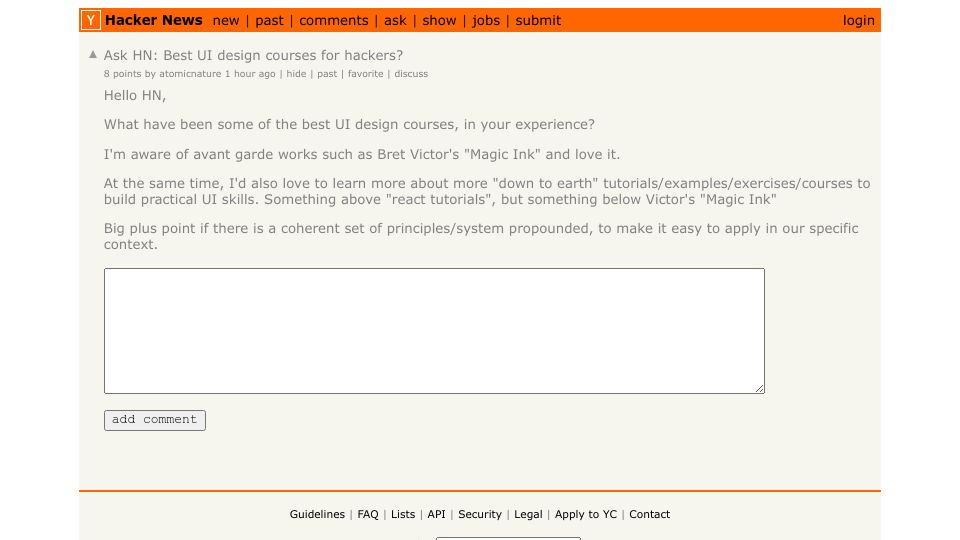Screenshot of Hacker News post: Ask HN: Best UI design courses for hackers?