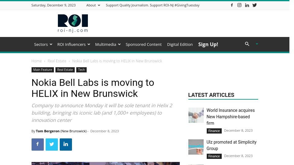 Screenshot of roi-nj.com: Nokia Bell Labs Is Moving to Helix in New Brunswick