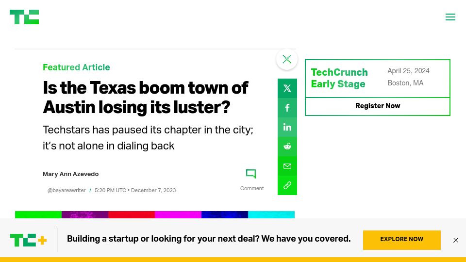Screenshot of techcrunch.com: Is the Texas boom town of Austin losing its luster?