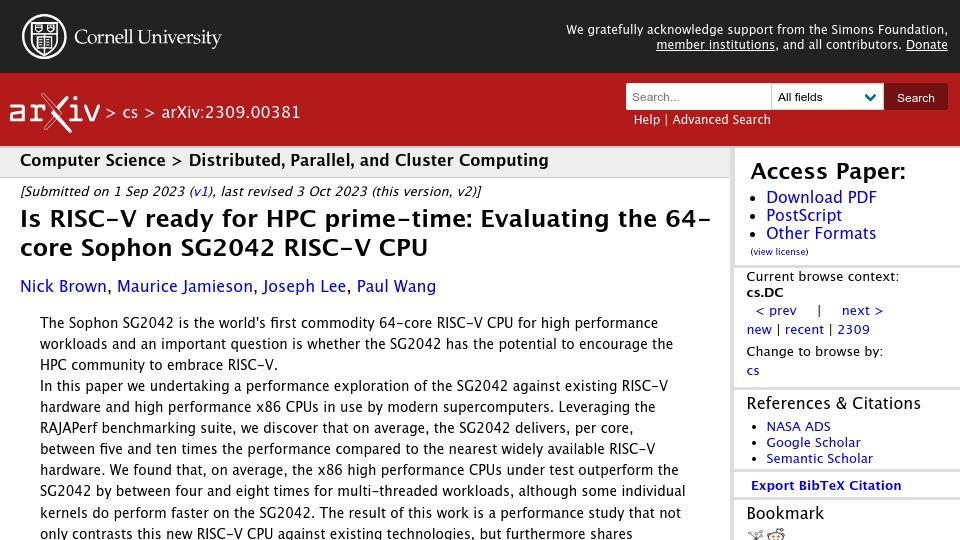 Screenshot of arxiv.org: Is RISC-V ready for HPC? Evaluating the 64-core Sophon SG2042 RISC-V CPU