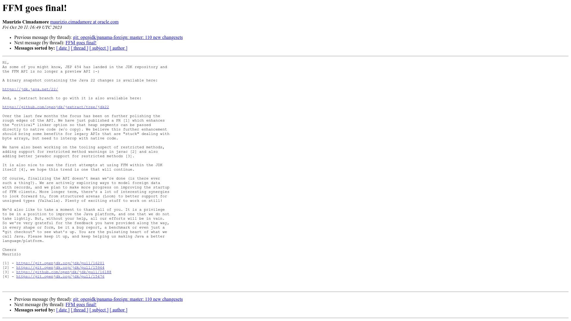 Screenshot of mail.openjdk.org: FFM (Foreign Function and Memory API) Goes Final