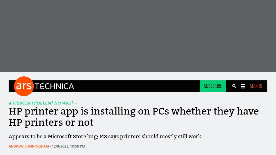 Screenshot of arstechnica.com: HP printer app is installing on PCs whether they have HP printers or not