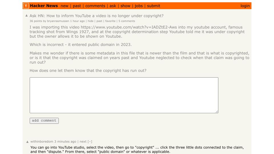 Screenshot of Hacker News post: Ask HN: How to inform YouTube a video is no longer under copyright?