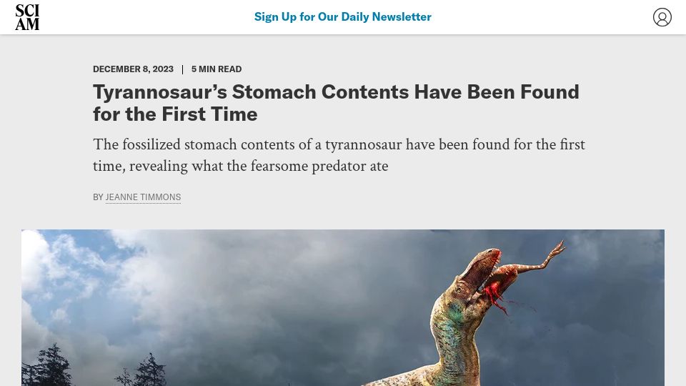 Screenshot of scientificamerican.com: Tyrannosaur's Stomach Contents Have Been Found