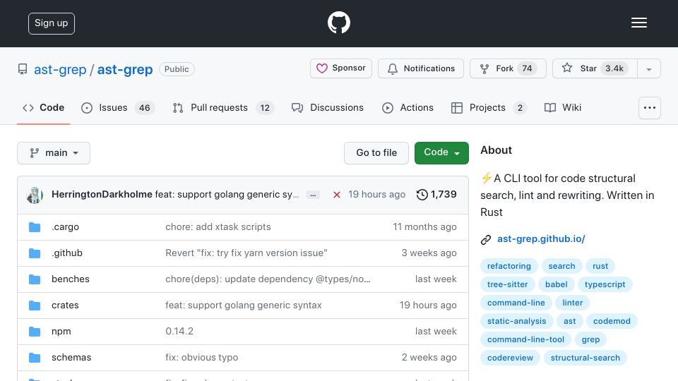 Screenshot of github.com: AST-grep(sg) is a CLI tool for code structural search, lint, and rewriting