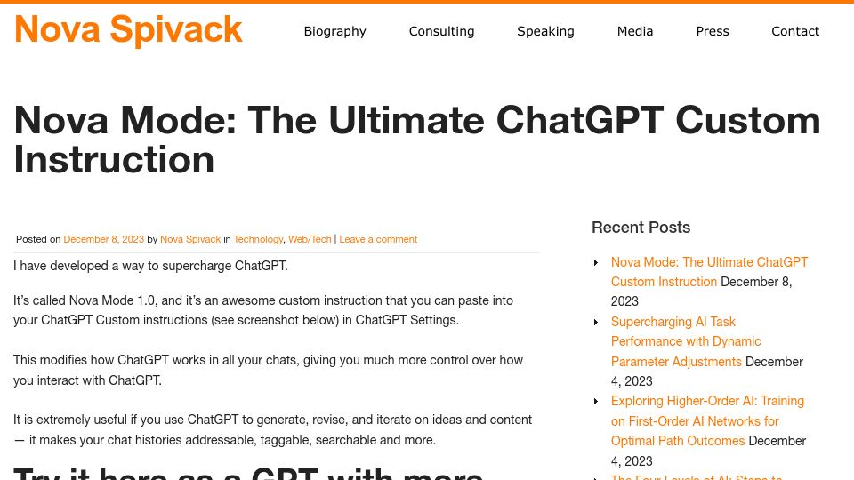 Screenshot of novaspivack.com: I wrote a meta mode for ChatGPT