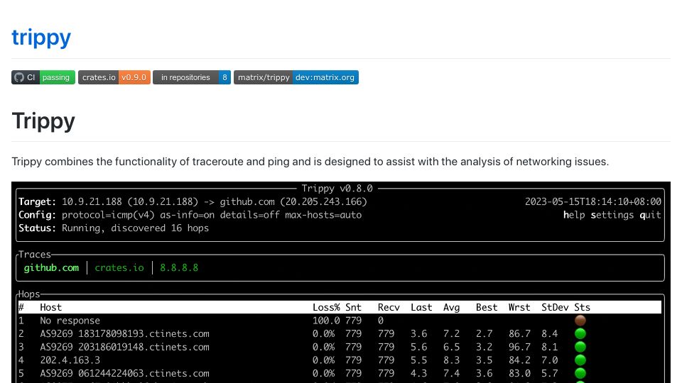 Screenshot of trippy.cli.rs: Trippy – A Network Diagnostic Tool