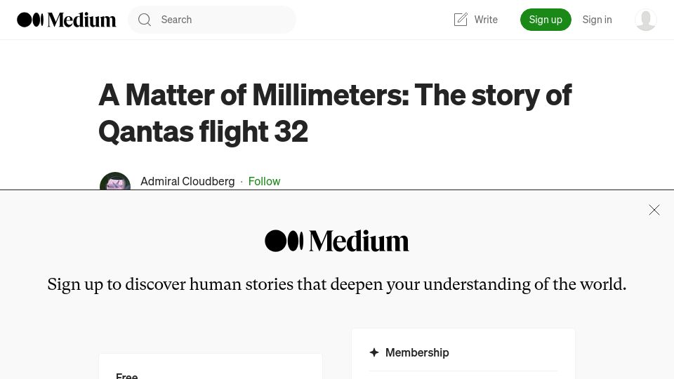 Screenshot of admiralcloudberg.medium.com: A Matter of Millimeters: The story of Qantas flight 32