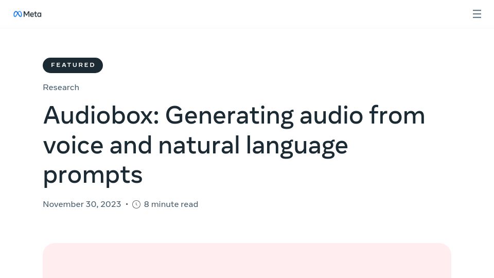 Screenshot of ai.meta.com: Audiobox: Meta's new foundation research model for audio generation