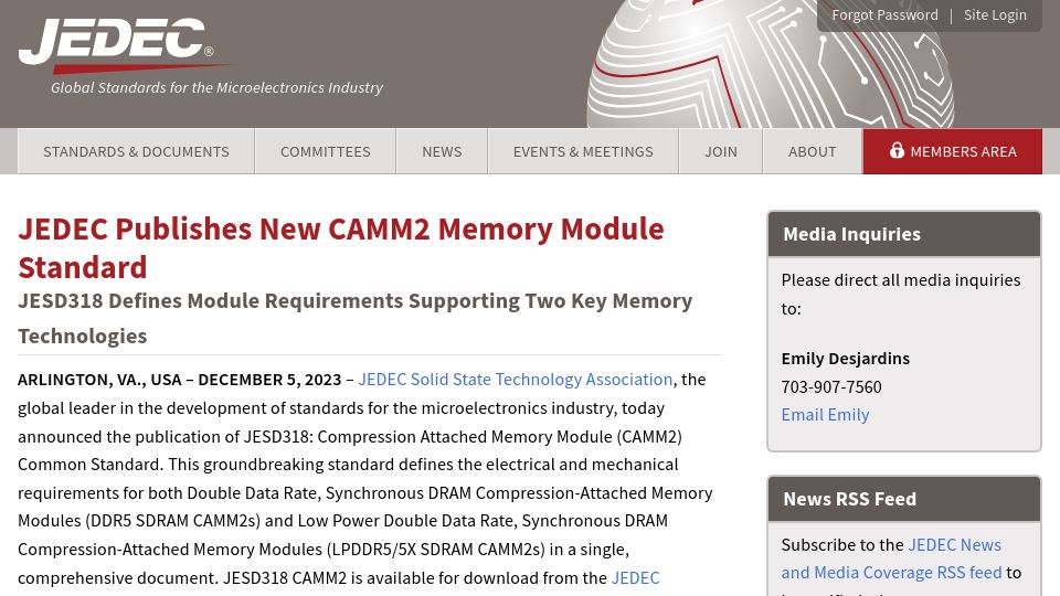 Screenshot of jedec.org: JEDEDC publishes new CAMM2 memory module standard