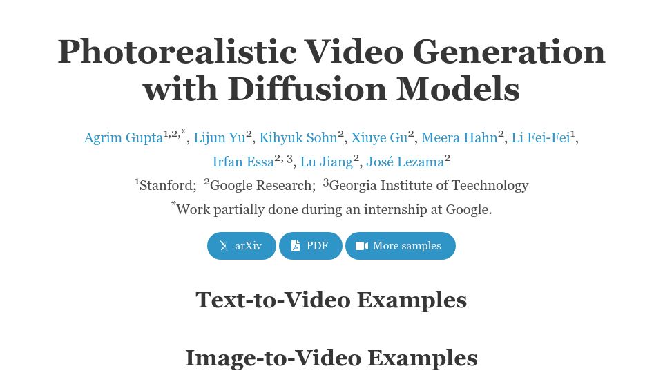 Screenshot of walt-video-diffusion.github.io: Photorealistic Video Generation with Diffusion Models