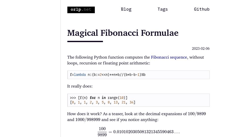 Screenshot of orlp.net: Magical Fibonacci Formulae