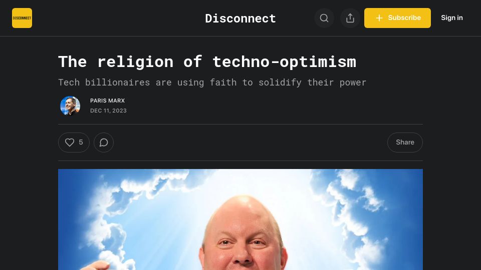 Screenshot of disconnect.blog: The Religion of Techno-Optimism