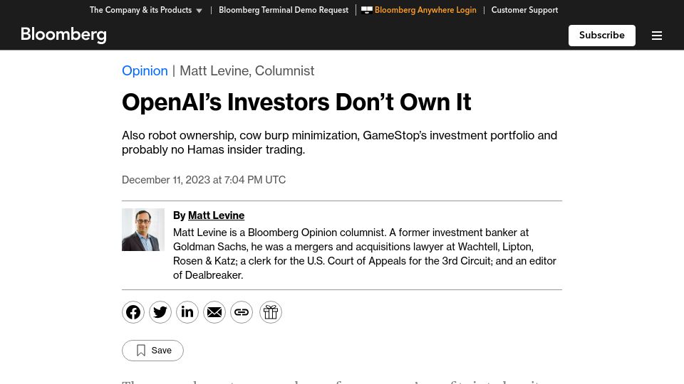 Screenshot of bloomberg.com: OpenAI's Investors Don't Own It