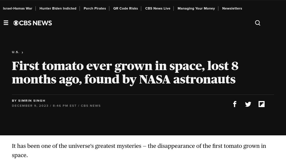 Screenshot of cbsnews.com: First tomato ever grown in space, lost 8 months ago, found by NASA astronauts