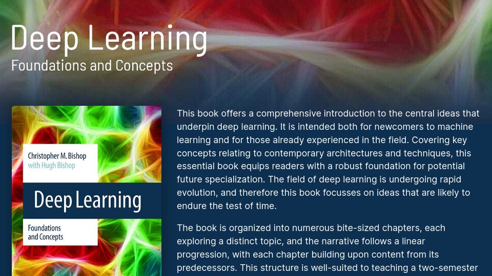 Screenshot of bishopbook.com: Deep Learning – Foundations and Concepts (Chris Bishop)