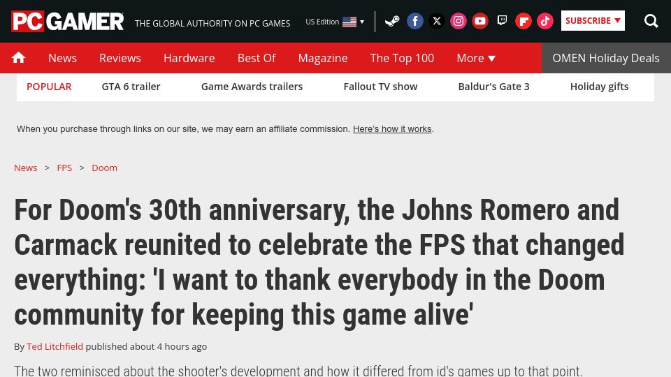 Screenshot of pcgamer.com: John Carmack and John Romero reunited to talk DOOM on its 30th Anniversary