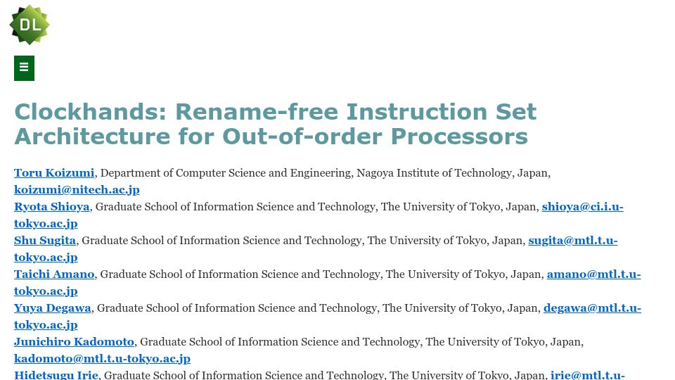 Screenshot of dl.acm.org: Clockhands: Rename-free instruction set architecture for out-of-order processors