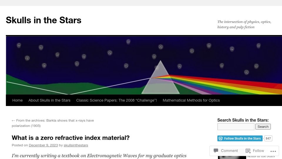Screenshot of skullsinthestars.com: What is a zero refractive index material?
