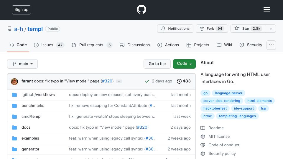 Screenshot of github.com: Templ: A language for writing HTML user interfaces in Go