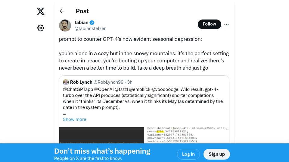 Screenshot of twitter.com: GPT-4 has Seasonal Depression