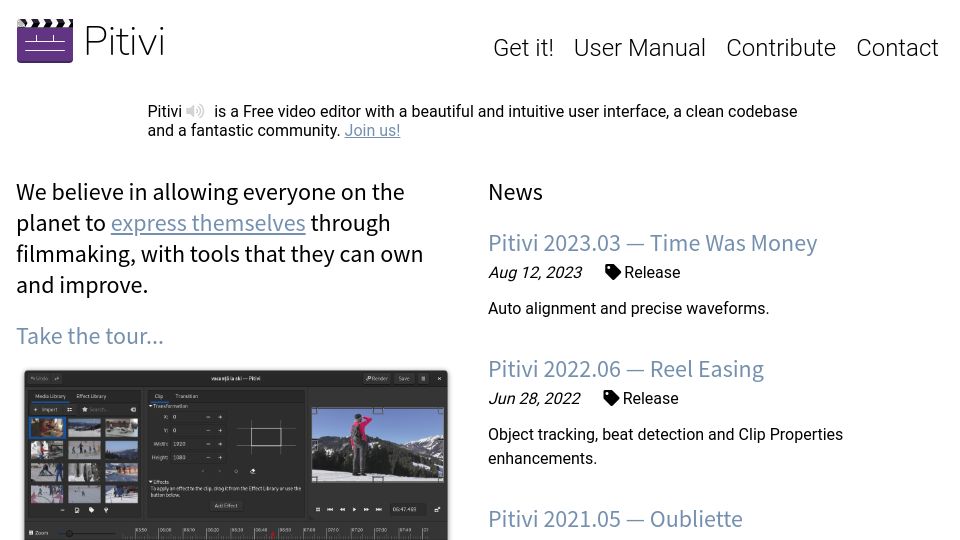Screenshot of pitivi.org: Pitivi – Free video editor with a beautiful and intuitive user interface