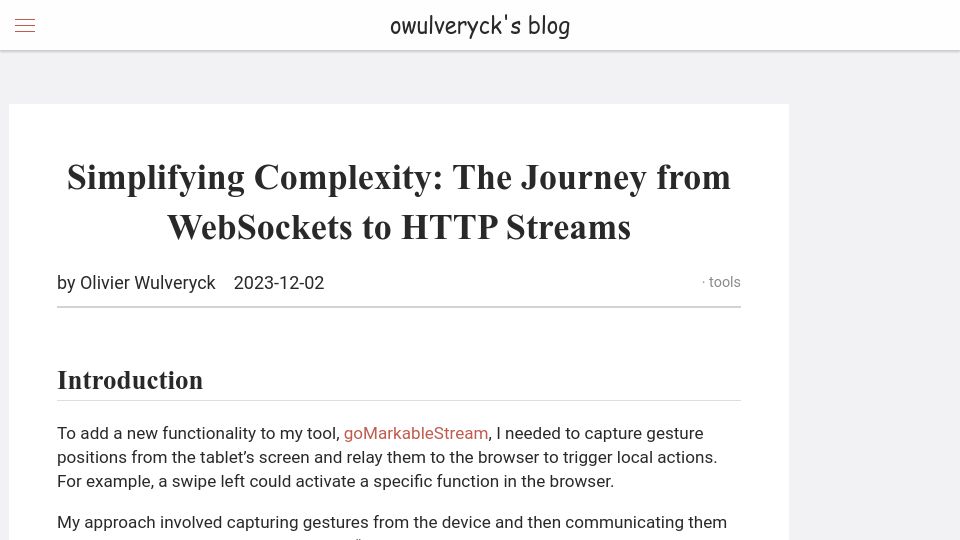 Screenshot of blog.owulveryck.info: The Journey from WebSockets to HTTP Streams