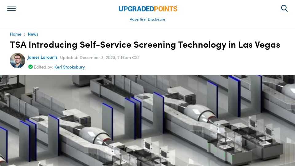 Screenshot of upgradedpoints.com: TSA introducing self-service screening technology in Las Vegas