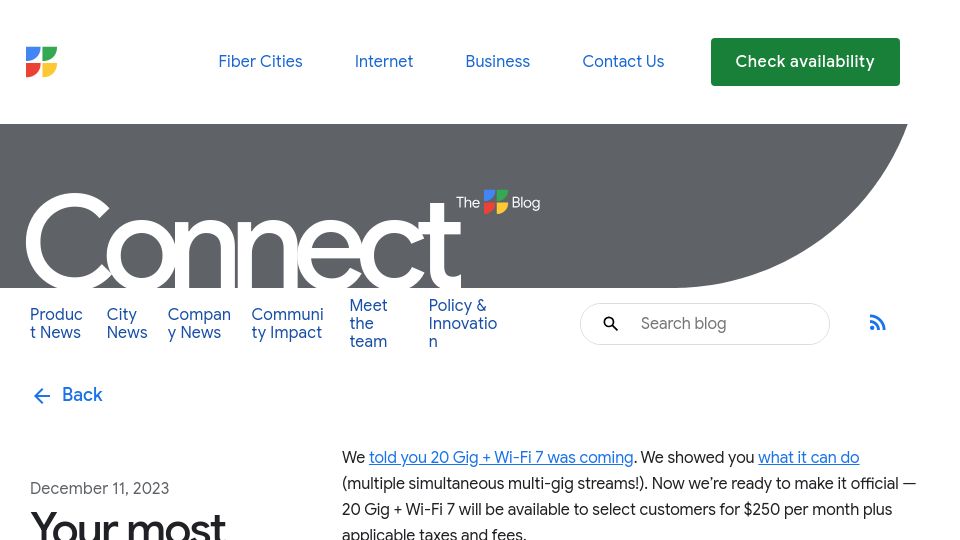 Screenshot of fiber.google.com: Google Fiber - 20 Gig + Wi-Fi 7 will be available to select customers