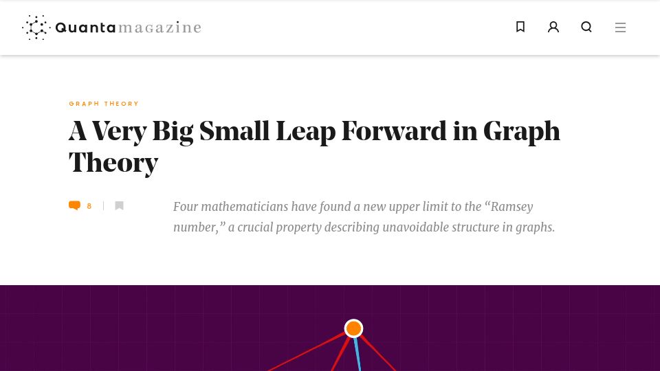 Screenshot of quantamagazine.org: Mathematicians have found a new upper limit to the Ramsey number