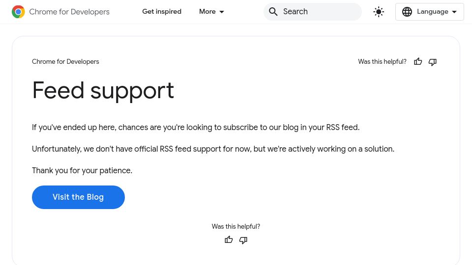 Screenshot of developer.chrome.com: We don't have official RSS feed support for now, but we're working on a solution