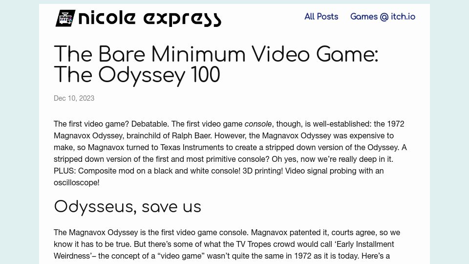 Screenshot of nicole.express: The Bare Minimum Video Game: The Odyssey 100