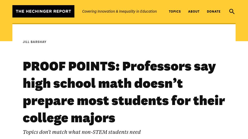 Screenshot of hechingerreport.org: High school math doesn't prepare most students for their college majors
