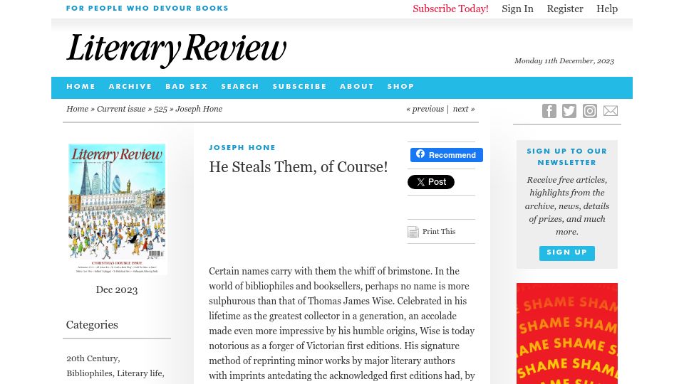 Screenshot of literaryreview.co.uk: He steals them, of course