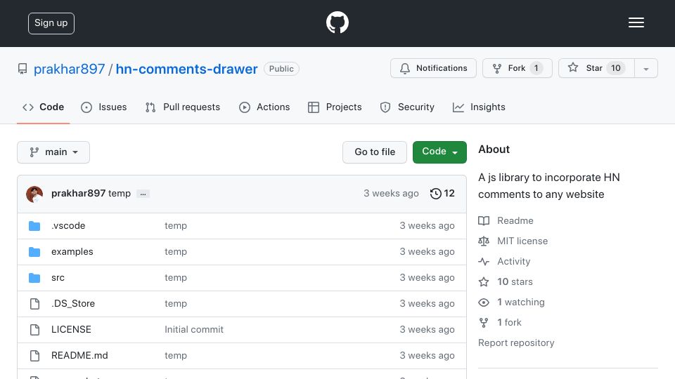 Screenshot of github.com: HN-comments-drawer: one line HN comments integration into sites