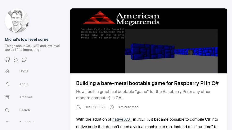Screenshot of migeel.sk: Building a bare-metal bootable game for Raspberry Pi in C#