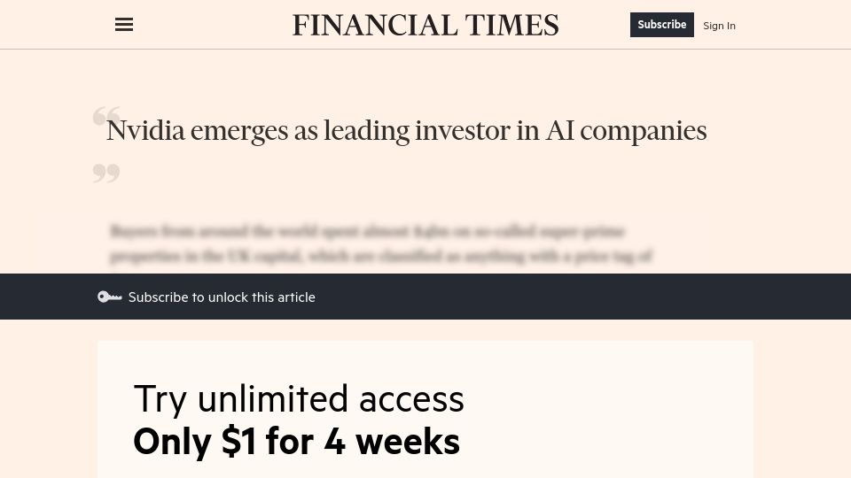 Screenshot of ft.com: Nvidia emerges as leading investor in AI companies