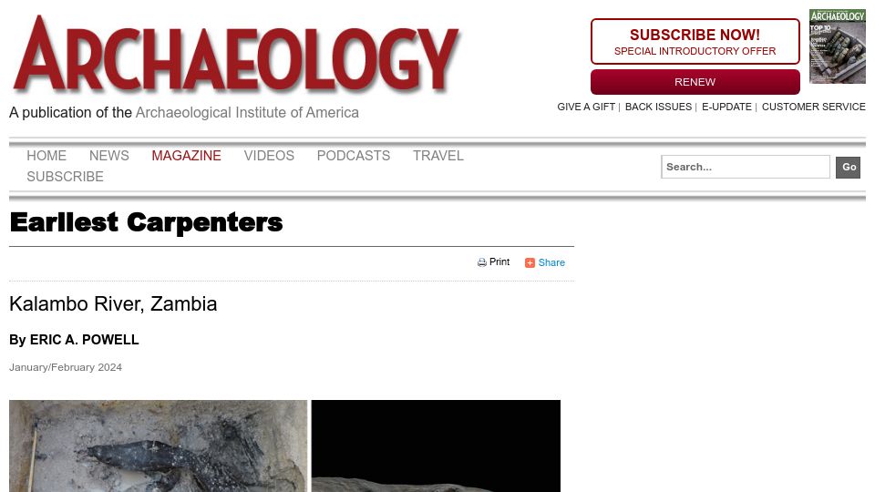 Screenshot of archaeology.org: Earliest Carpenters: 476k-year-old log structure discovered in Zambia